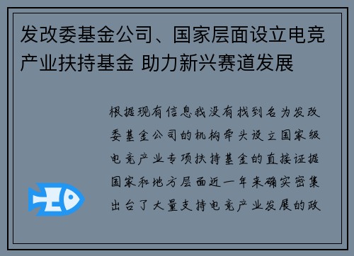 发改委基金公司、国家层面设立电竞产业扶持基金 助力新兴赛道发展